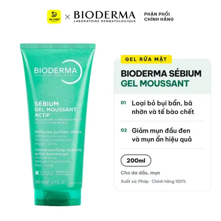 Gel Rửa Mặt Bioderma Sébium Gel Moussant Actif AHA BHA Giảm Mụn 200ml