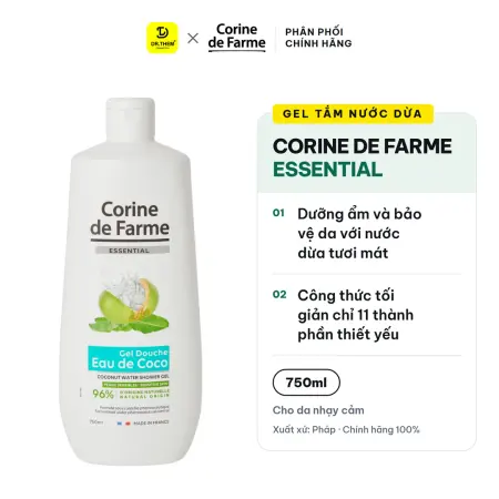 Gel Tắm Nước Dừa Corine De Farme Essential Coconut Water Shower Gel Dưỡng Ẩm Bảo Vệ Da 750ml
