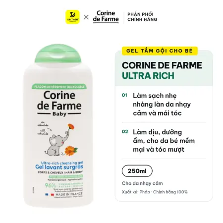 Gel Tắm Gội Cho Bé Corine De Farme Ultra Rich Cleansing Gel Làm Sạch Dịu Nhẹ Không Cay Mắt 250ml