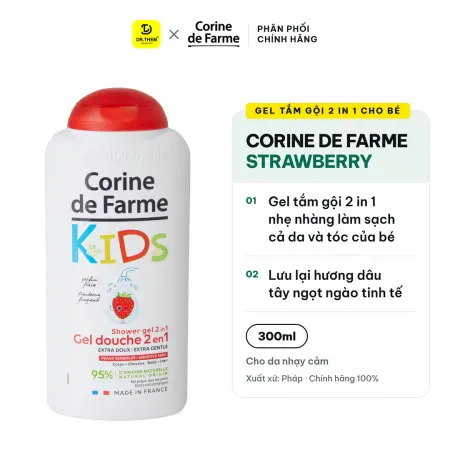 Gel Tắm Gội 2 In 1 Cho Bé Corine De Farme Strawberry Hương Dâu Tây Làm Sạch Dịu Nhẹ Không Cay Mắt Cho Bé 300ml