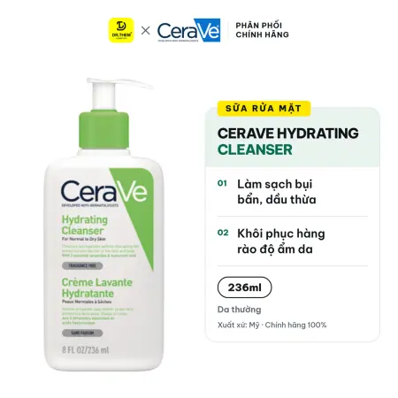 Sữa Rửa Mặt CeraVe Hydrating Cleanser Làm Sạch Dịu Nhẹ, Cấp Ẩm Cho Da Thường Khô 236ml