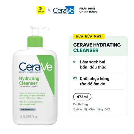 Sữa Rửa Mặt CeraVe Hydrating Cleanser Làm Sạch Dịu Nhẹ, Cấp Ẩm Cho Da Thường Khô 473ml