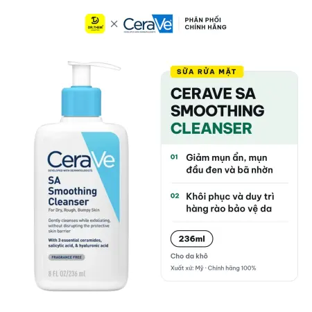 Sữa Rửa Mặt CeraVe SA Smoothing Cleanser BHA Tẩy Tế Bào Chết Hỗ Trợ Giảm Mụn Ẩn Cho Da Sần Sùi 88ml/236ml/473ml