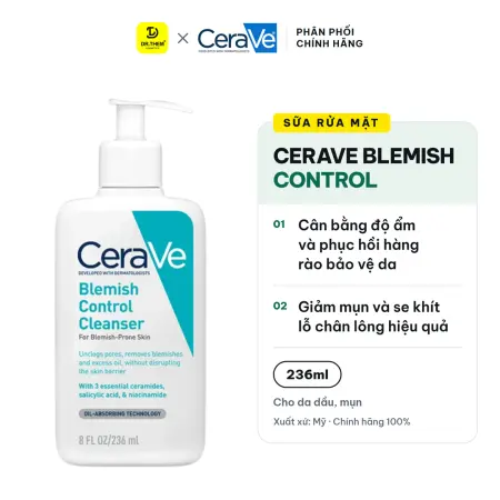 Sữa Rửa Mặt CeraVe Blemish Control Cleanser Giảm Mụn, 2% Salicylic Acid, Đất Sét 236ml