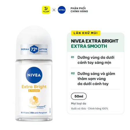 Lăn Khử Mùi Nivea Extra Bright Extra Smooth Ngăn Mồ Hôi 72 Giờ Dưỡng Sáng Vùng Da Dưới Cánh Tay 50ml