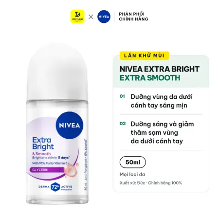 Lăn Khử Mùi Nivea Extra Bright Extra Smooth Ngăn Mồ Hôi 72 Giờ Dưỡng Sáng Vùng Da Dưới Cánh Tay 50ml