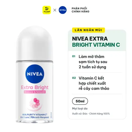 Lăn Ngăn Mùi Nivea Extra Bright Vitamin C Dưỡng Sáng Mịn Hỗ Trợ Giảm Thâm Sạm Ngăn Mùi 72 Giờ 50ml