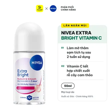 Lăn Ngăn Mùi Nivea Extra Bright Vitamin C Dưỡng Sáng Mịn Hỗ Trợ Giảm Thâm Sạm Ngăn Mùi 72 Giờ 50ml