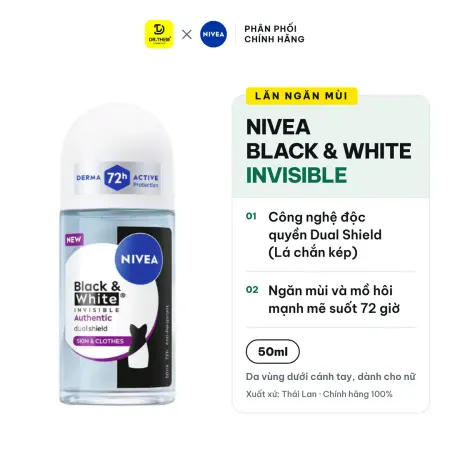 Lăn Ngăn Mùi Nivea Black & White Invisible Authentic Ngăn Mùi Và Mồ Hôi 72 Giờ Hạn Chế Vệt Ố Vàng Vệt Trắng 50ml