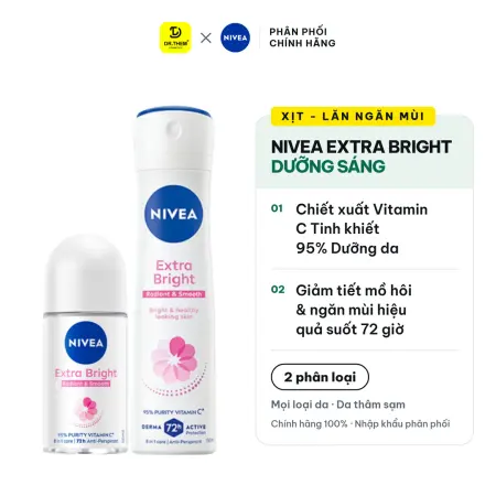 Xịt Lăn Ngăn Mùi Nivea Extra Bright Vitamin C Dưỡng Sáng Mịn Hỗ Trợ Giảm Thâm Sạm Ngăn Mùi 72 Giờ 50ml/150ml