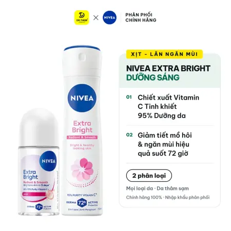 Xịt Lăn Ngăn Mùi Nivea Extra Bright Vitamin C Dưỡng Sáng Mịn Hỗ Trợ Giảm Thâm Sạm Ngăn Mùi 72 Giờ 50ml/150ml