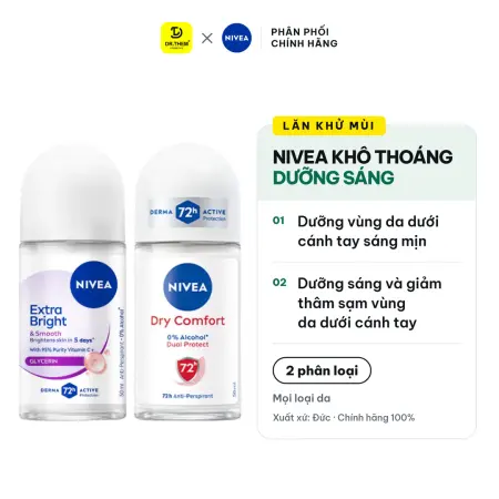 Lăn Khử Mùi Nivea Extra Bright Smooth Và Dry Comfort Ngăn Mồ Hôi 72 Giờ Dưỡng Sáng Vùng Da Dưới Cánh Tay 50ml
