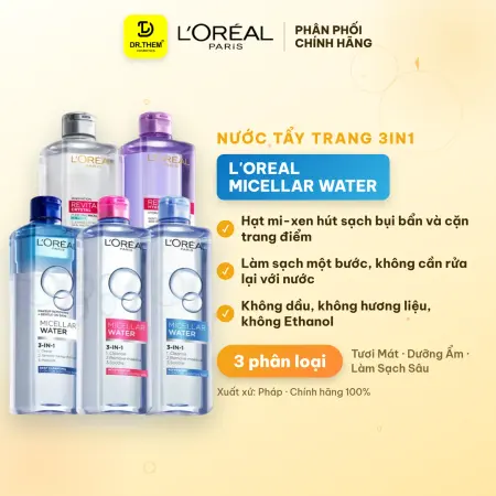 Nước Tẩy Trang L'Oreal Paris 3in1 Micellar Water Làm Sạch Sâu Dưỡng Ẩm Dịu Nhẹ Cho Mọi Loại Da 95ml/400ml