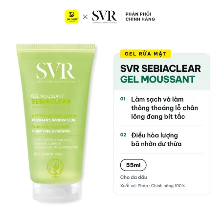 Gel Rửa Mặt SVR Sebiaclear Gel Moussant Không Xà Phòng Hỗ Trợ Giảm Mụn Kiềm Dầu Cho Da Dầu 55ml