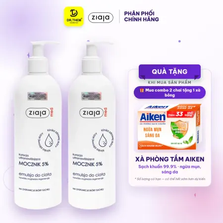 Combo 2 Nhũ Tương Dưỡng Ẩm Toàn Thân Ziaja Med Mocznik 5% Urê Làm Mềm Tái Tạo Da 400ml - Tặng Xà Bông Aiken