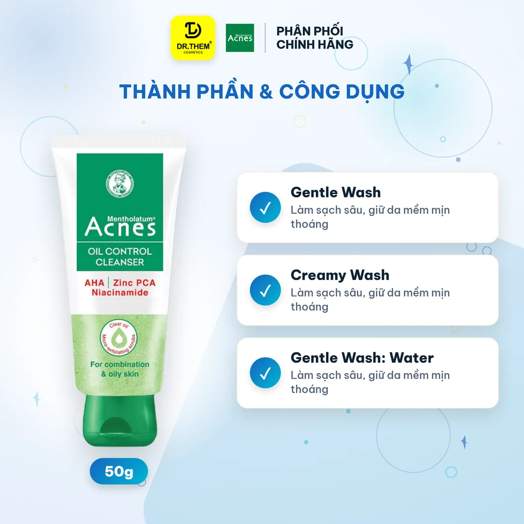 Sữa Rửa Mặt Acnes Oil Control Cleanser Gel Rửa Mặt Kiểm Soát Nhờn Ngăn Ngừa Mụn Cho Da Dầu Hỗn Hợp 50g 2