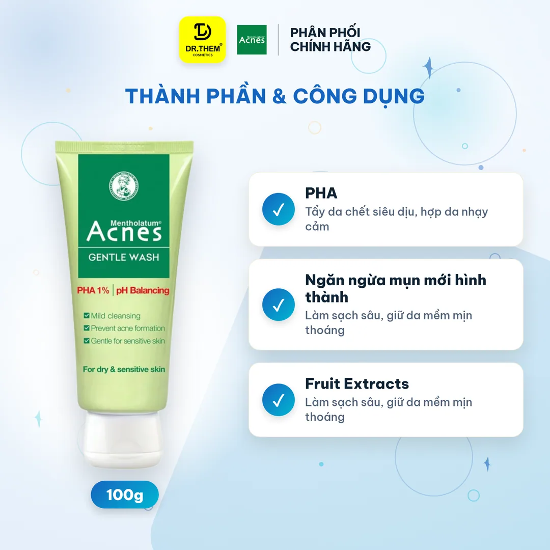 Sữa Rửa Mặt Acnes Gentle Wash PHA Gel Rửa Mặt Dịu Nhẹ Ngăn Ngừa Mụn Cho Da Khô Da Nhạy Cảm 100g 5