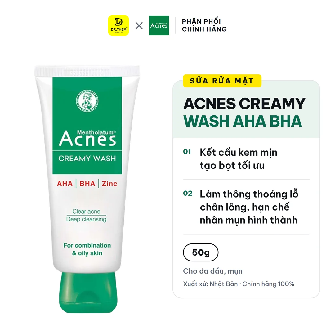 Sữa Rửa Mặt Acnes Creamy Wash AHA BHA Làm Sạch Sâu Lỗ Chân Lông Ngăn Ngừa Mụn Cho Da Dầu Mụn 50g