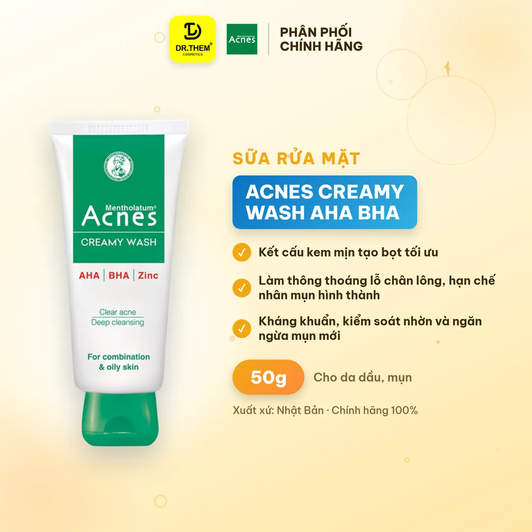 Sữa Rửa Mặt Acnes Creamy Wash AHA BHA Làm Sạch Sâu Lỗ Chân Lông Ngăn Ngừa Mụn Cho Da Dầu Mụn 50g