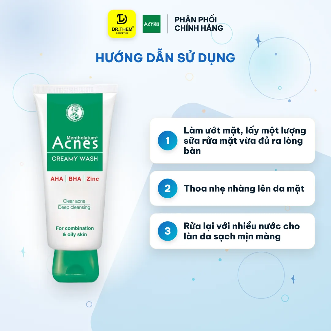 Sữa Rửa Mặt Acnes Creamy Wash AHA BHA Làm Sạch Sâu Lỗ Chân Lông Ngăn Ngừa Mụn Cho Da Dầu Mụn 50g 3