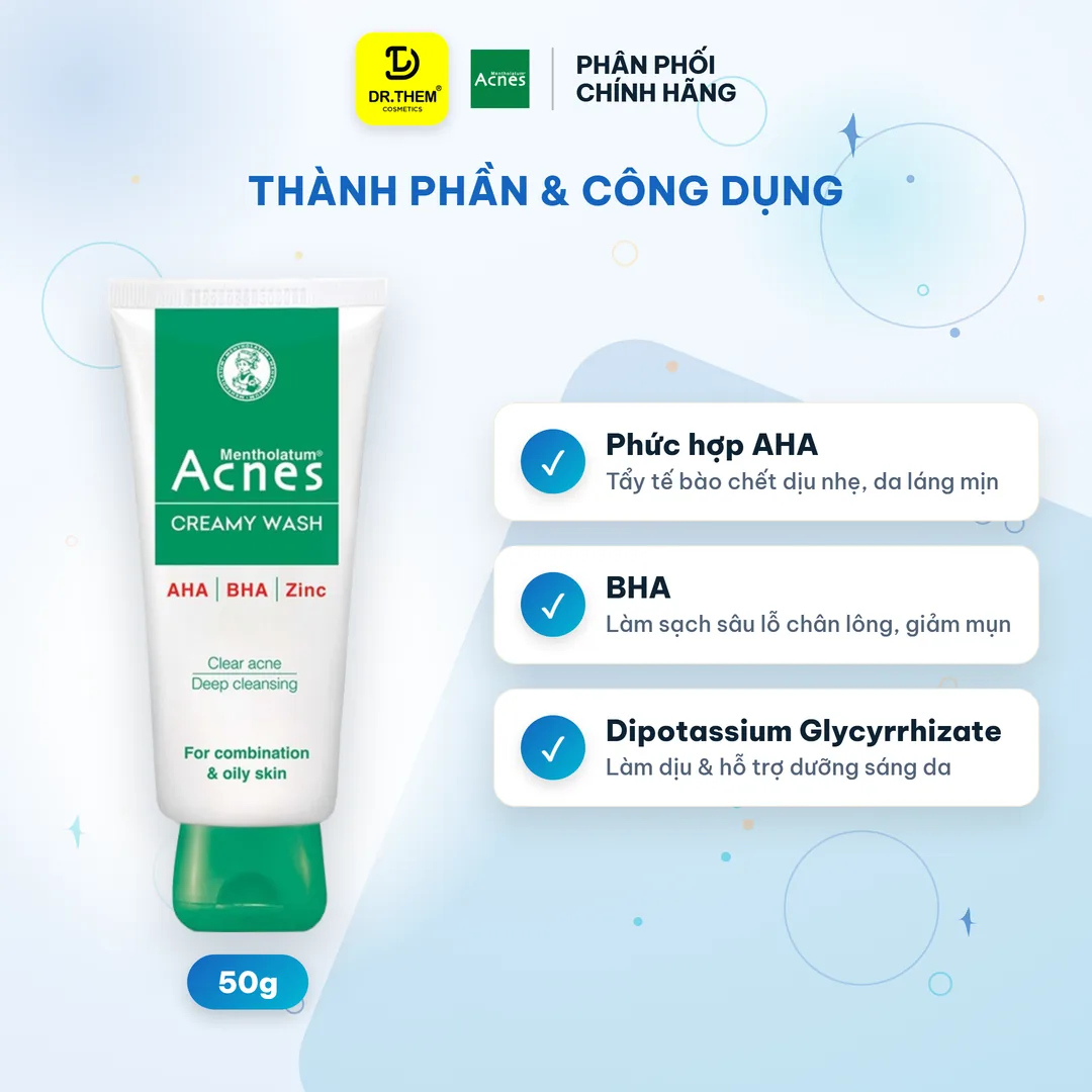 Sữa Rửa Mặt Acnes Creamy Wash AHA BHA Làm Sạch Sâu Lỗ Chân Lông Ngăn Ngừa Mụn Cho Da Dầu Mụn 50g 2