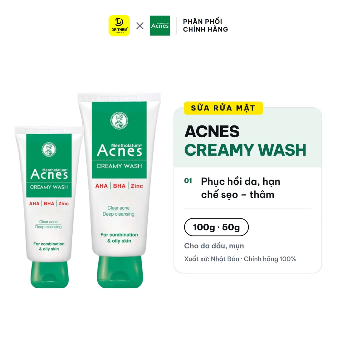 Sữa Rửa Mặt Acnes Creamy Wash AHA BHA Làm Sạch Sâu Lỗ Chân Lông Ngăn Ngừa Mụn Cho Da Dầu Mụn 50g/100g