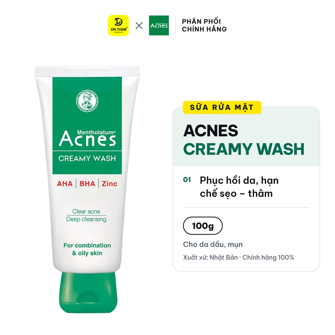 Sữa Rửa Mặt Acnes Creamy Wash 100g - Ngăn Ngừa Mụn, Sạch Sâu AHA BHA Cho Da Dầu Mụn, Lỗ Chân Lông To