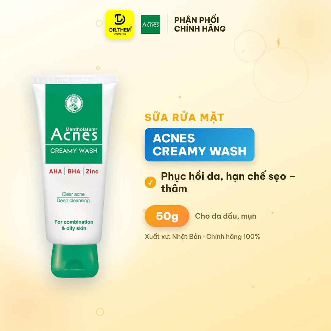 Sữa Rửa Mặt Acnes Creamy Wash 100g - Ngăn Ngừa Mụn, Sạch Sâu AHA BHA Cho Da Dầu Mụn, Lỗ Chân Lông To