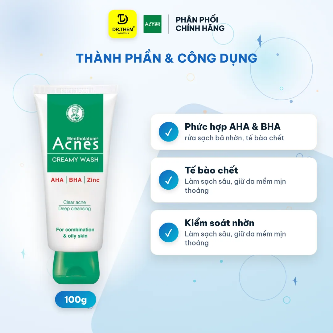 Sữa Rửa Mặt Acnes Creamy Wash 100g - Ngăn Ngừa Mụn, Sạch Sâu AHA BHA Cho Da Dầu Mụn, Lỗ Chân Lông To 2