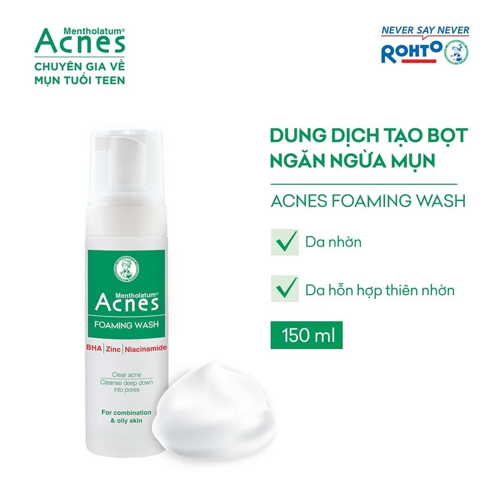 Sữa Rửa Mặt Tạo Bọt Acnes Foaming Wash BHA Làm Sạch Sâu Ngăn Ngừa Mụn Cho Da Dầu Lỗ Chân Lông To 150ml 3