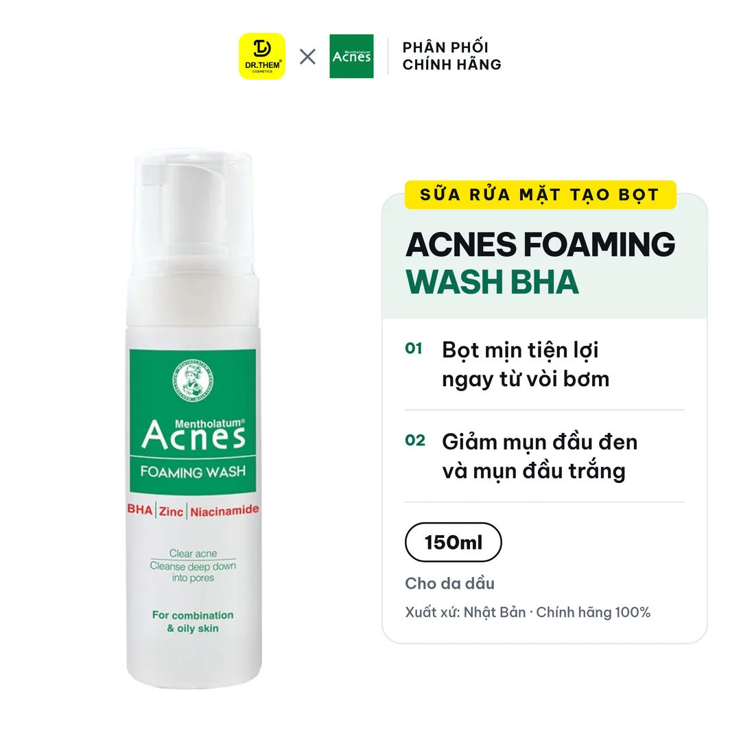 Sữa Rửa Mặt Tạo Bọt Acnes Foaming Wash BHA Làm Sạch Sâu Ngăn Ngừa Mụn Cho Da Dầu Lỗ Chân Lông To 150ml