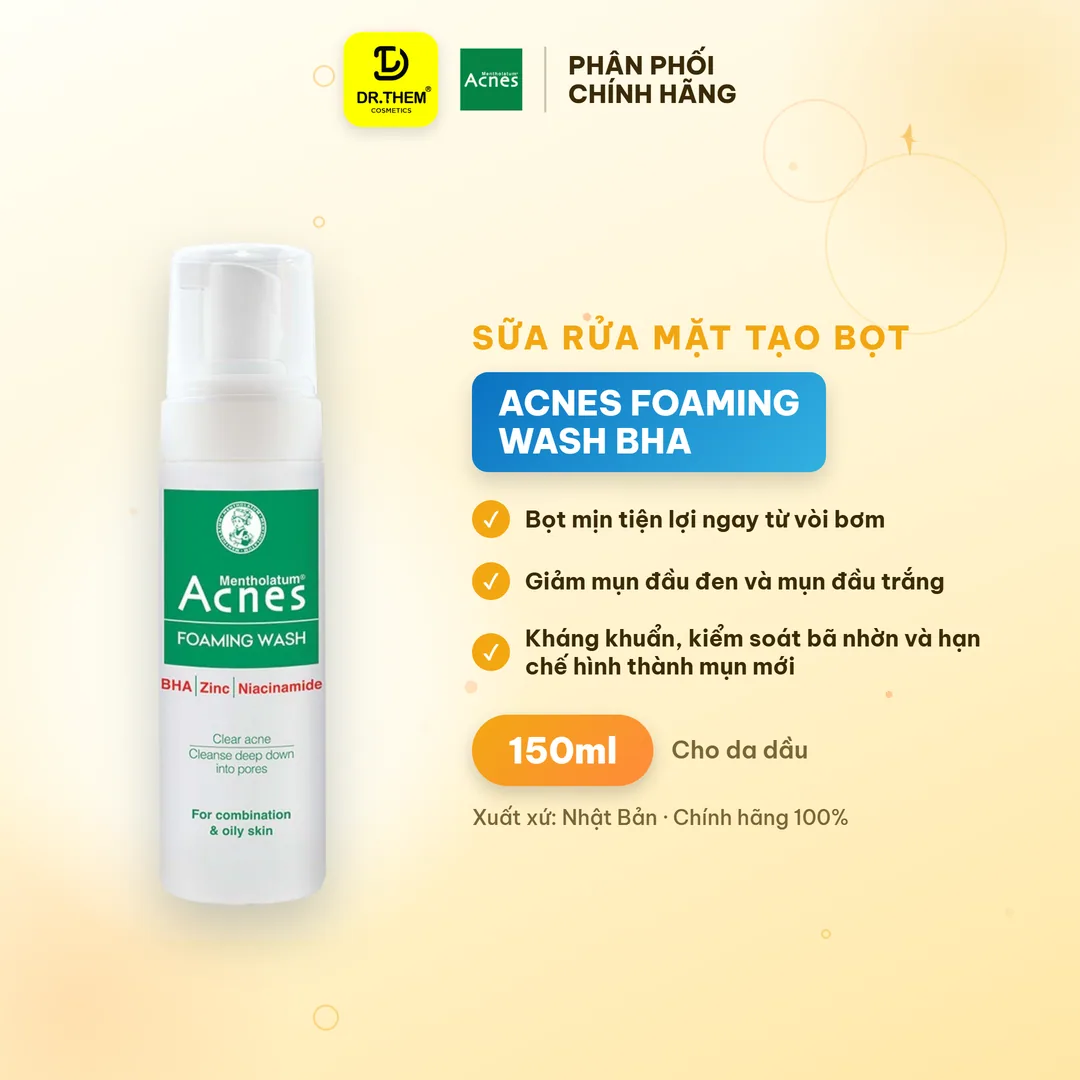 Sữa Rửa Mặt Tạo Bọt Acnes Foaming Wash BHA Làm Sạch Sâu Ngăn Ngừa Mụn Cho Da Dầu Lỗ Chân Lông To 150ml