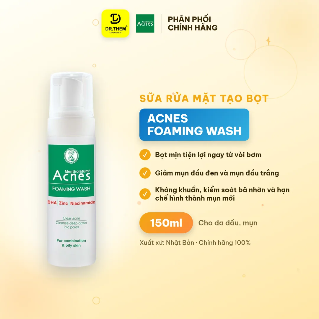 Sữa Rửa Mặt Tạo Bọt Acnes Foaming Wash BHA Làm Sạch Sâu Ngăn Ngừa Mụn Cho Da Dầu Lỗ Chân Lông To 150ml