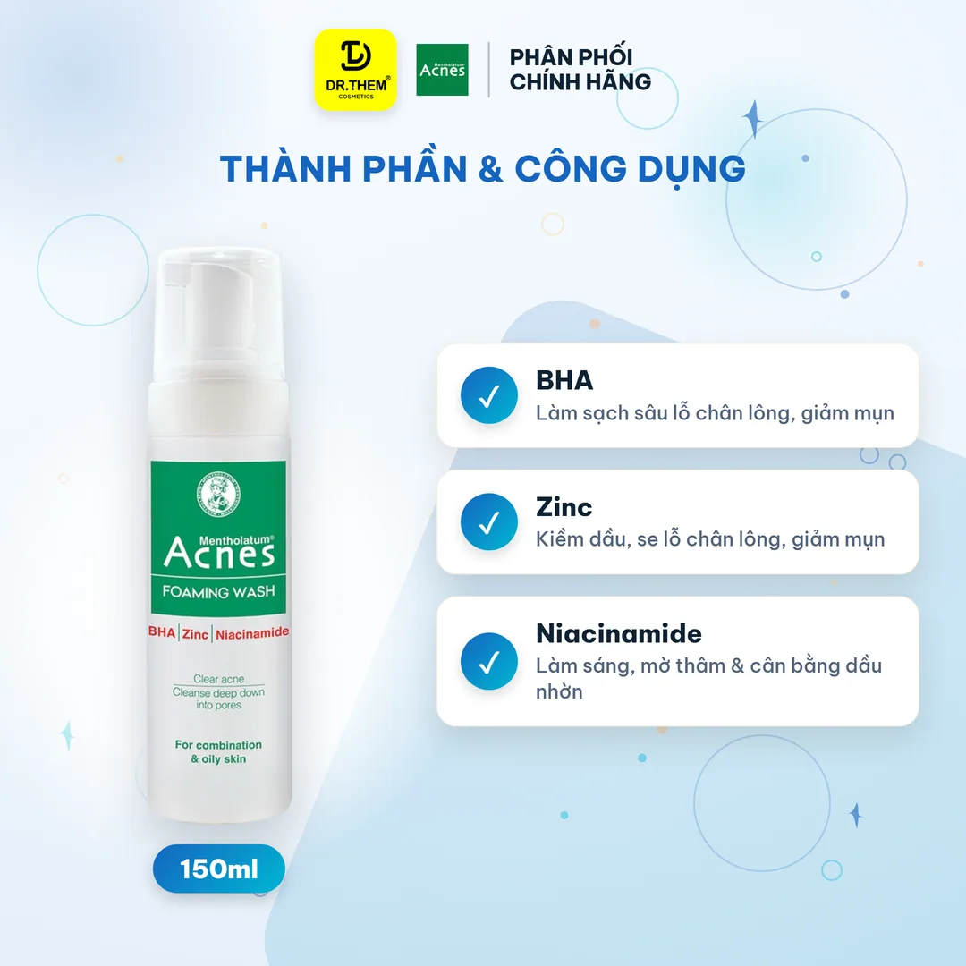 Sữa Rửa Mặt Tạo Bọt Acnes Foaming Wash BHA Làm Sạch Sâu Ngăn Ngừa Mụn Cho Da Dầu Lỗ Chân Lông To 150ml 6