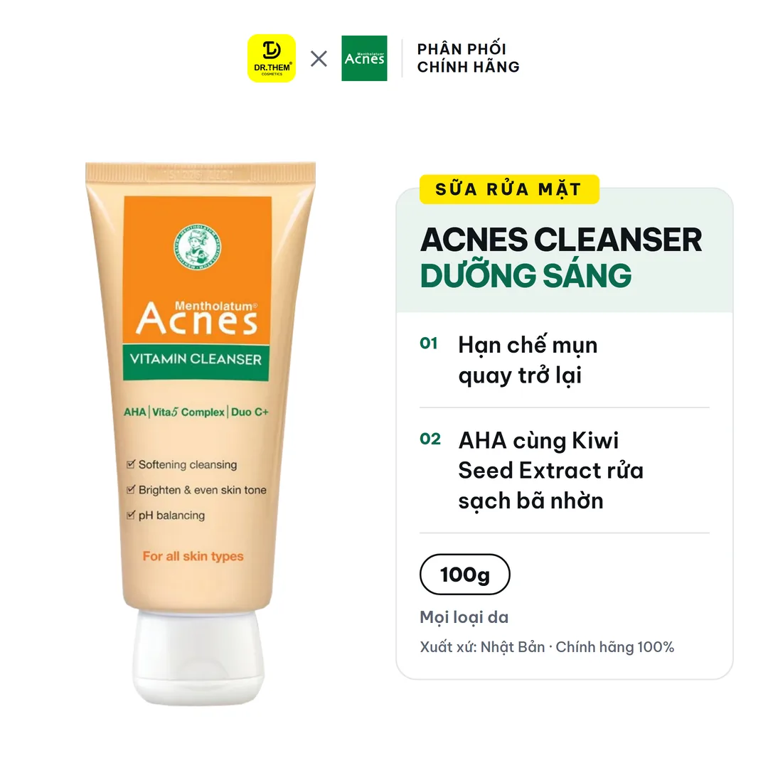 Sữa Rửa Mặt Acnes Vitamin Cleanser Dưỡng Sáng Hỗ Trợ Làm Mờ Sẹo Thâm Phục Hồi Da Sau Mụn 100g