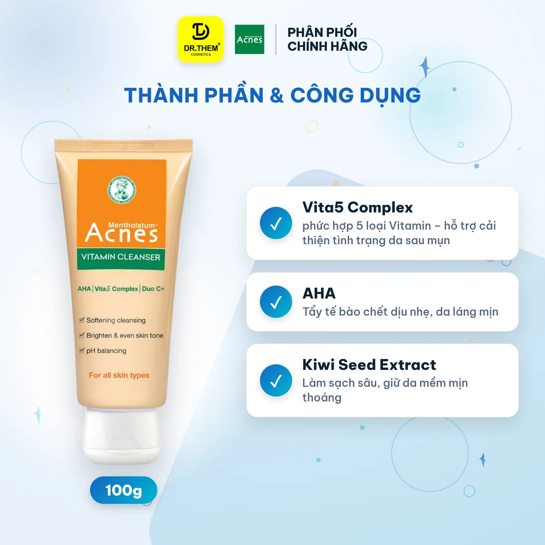Sữa Rửa Mặt Acnes Vitamin Cleanser Dưỡng Sáng Hỗ Trợ Làm Mờ Sẹo Thâm Phục Hồi Da Sau Mụn 100g 7