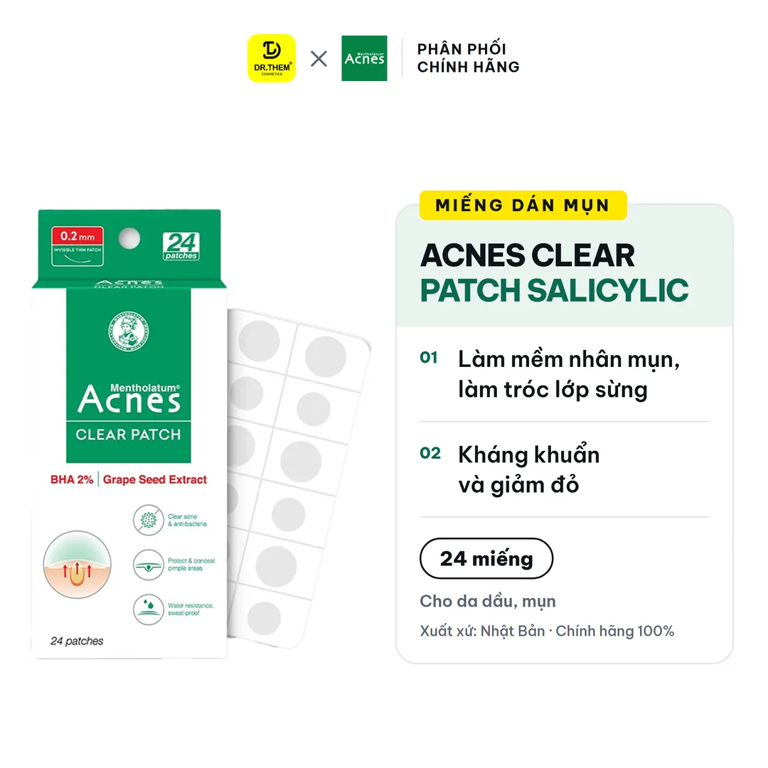 Miếng Dán Mụn Acnes Clear Patch Salicylic Acid Hỗ Trợ Giảm Mụn Sưng Đỏ Che Phủ Tự Nhiên 24 Miếng