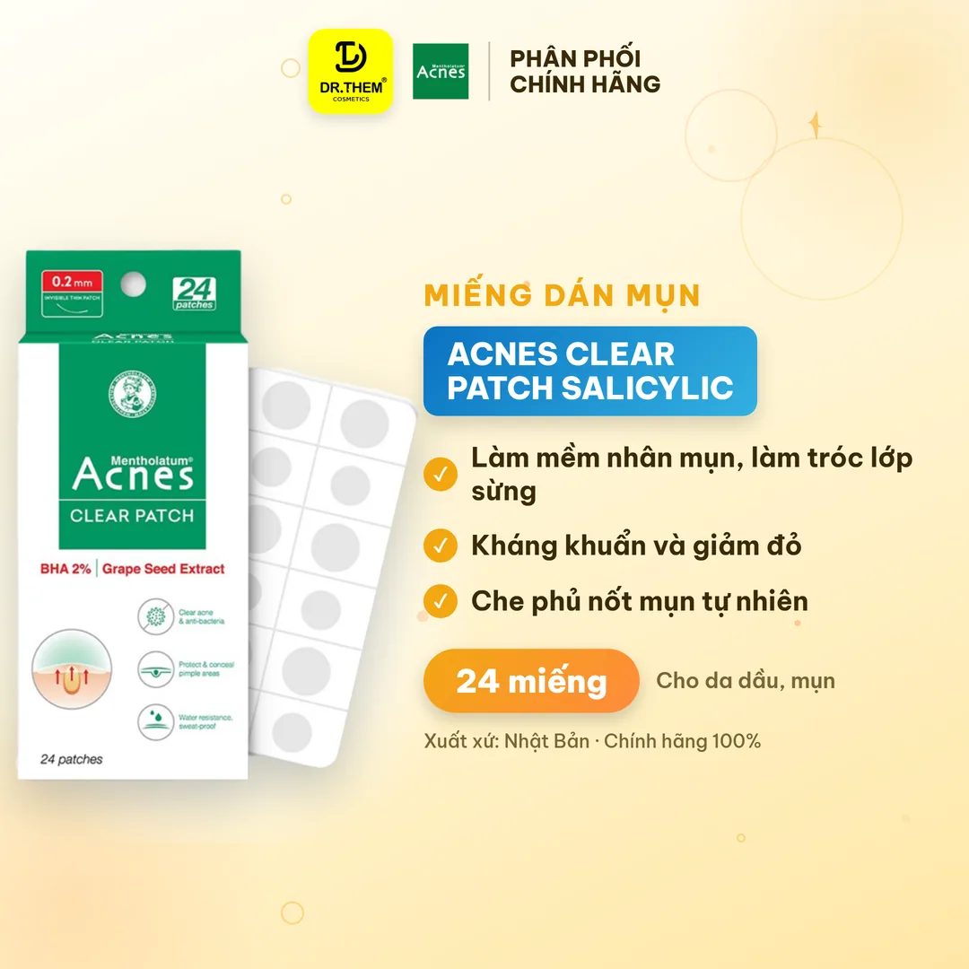 Miếng Dán Mụn Acnes Clear Patch Salicylic Acid Hỗ Trợ Giảm Mụn Sưng Đỏ Che Phủ Tự Nhiên 24 Miếng
