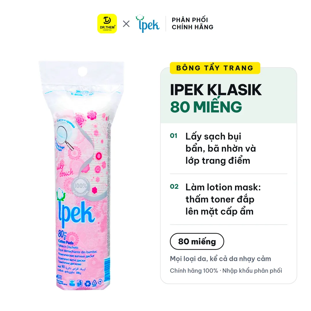 Bông Tẩy Trang Ipek Klasik Cotton Pads 3 Lớp 100% Cotton Tự Nhiên Mềm Mịn 80 Miếng