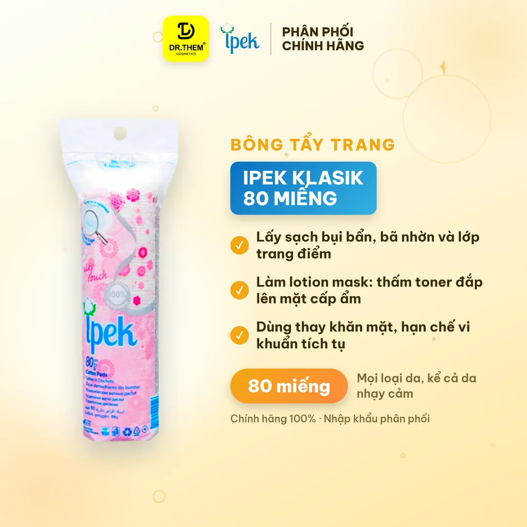 Bông Tẩy Trang Ipek Klasik Cotton Pads 3 Lớp 100% Cotton Tự Nhiên Mềm Mịn 80 Miếng
