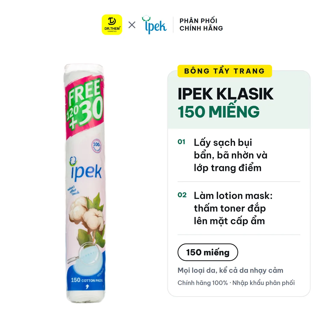 Bông Tẩy Trang Ipek Klasik Cotton Pads 3 Lớp 100% Cotton Tự Nhiên Mềm Mịn 150 Miếng