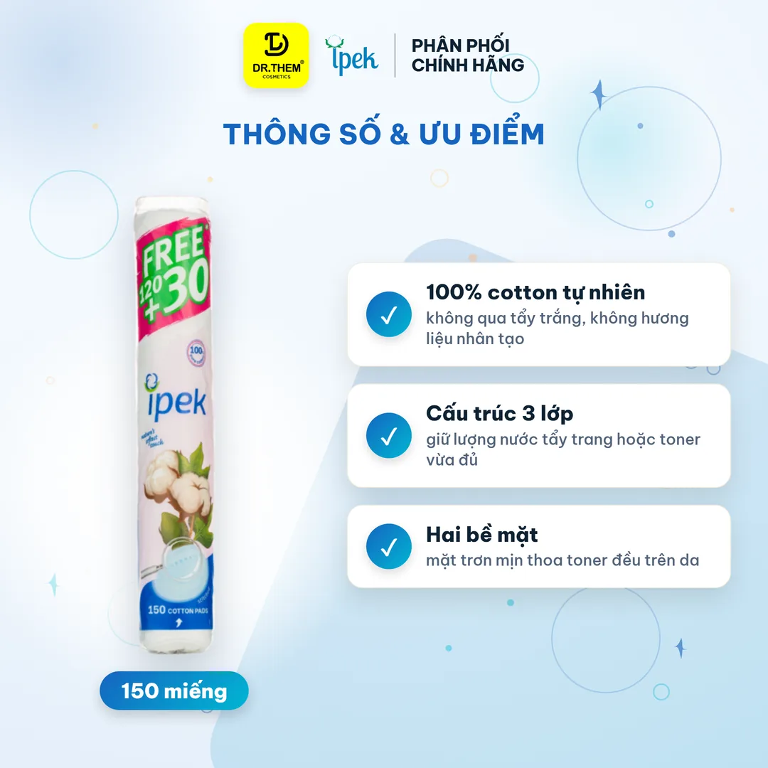 Bông Tẩy Trang Ipek Klasik Cotton Pads 3 Lớp 100% Cotton Tự Nhiên Mềm Mịn 150 Miếng 2