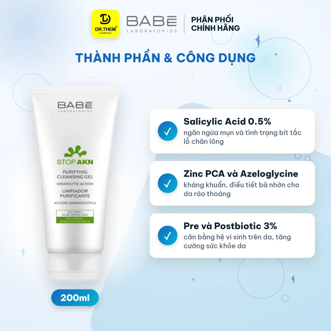 Sữa Rửa Mặt Laboratorios Babé Stop Akn Purifying Cleansing Gel Làm Sạch Sâu Cho Da Dầu Mụn 100ml 200ml 7