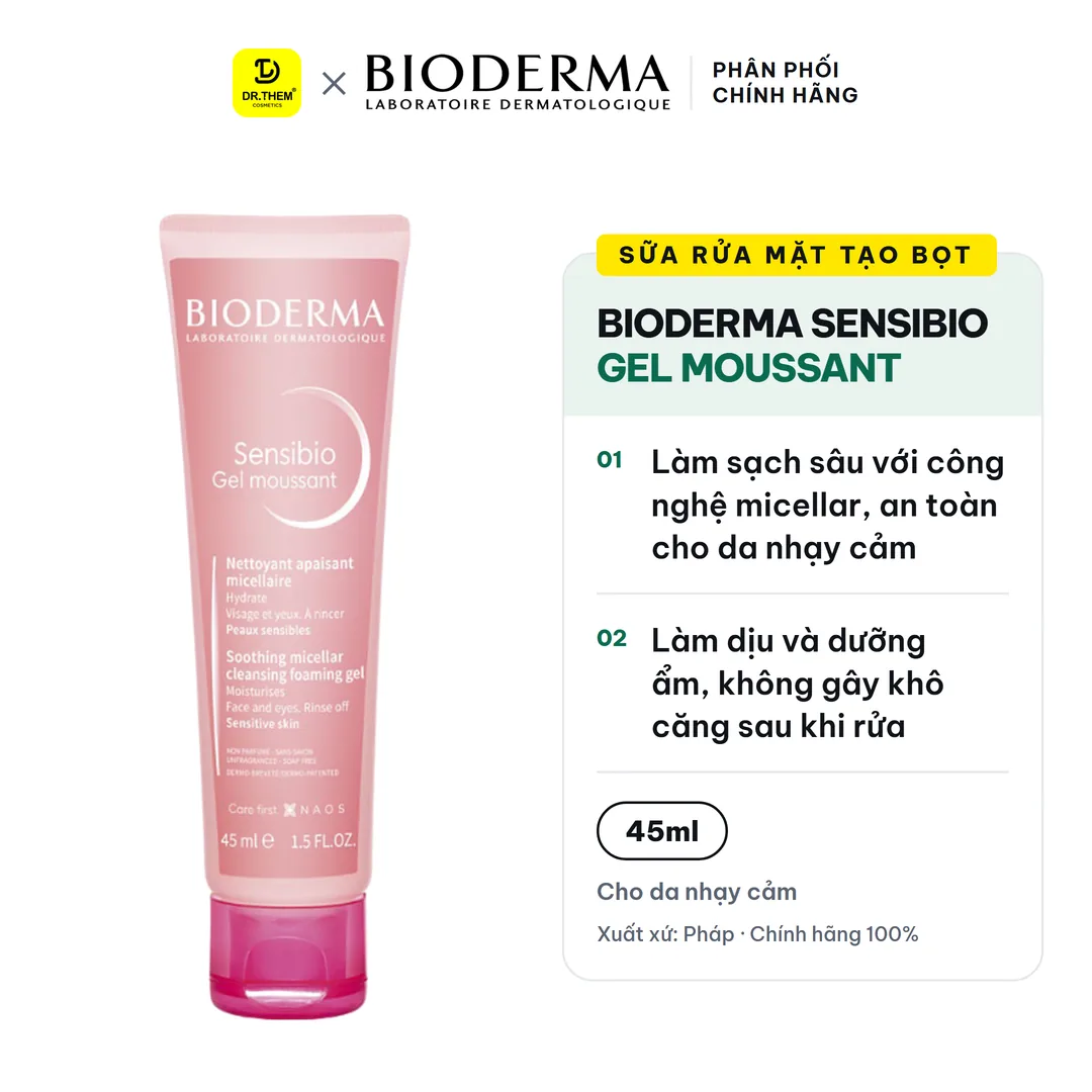 Sữa Rửa Mặt Tạo Bọt Bioderma Sensibio Gel Moussant Làm Sạch Dịu Nhẹ Cho Da Nhạy Cảm Và Da Thường 45ml