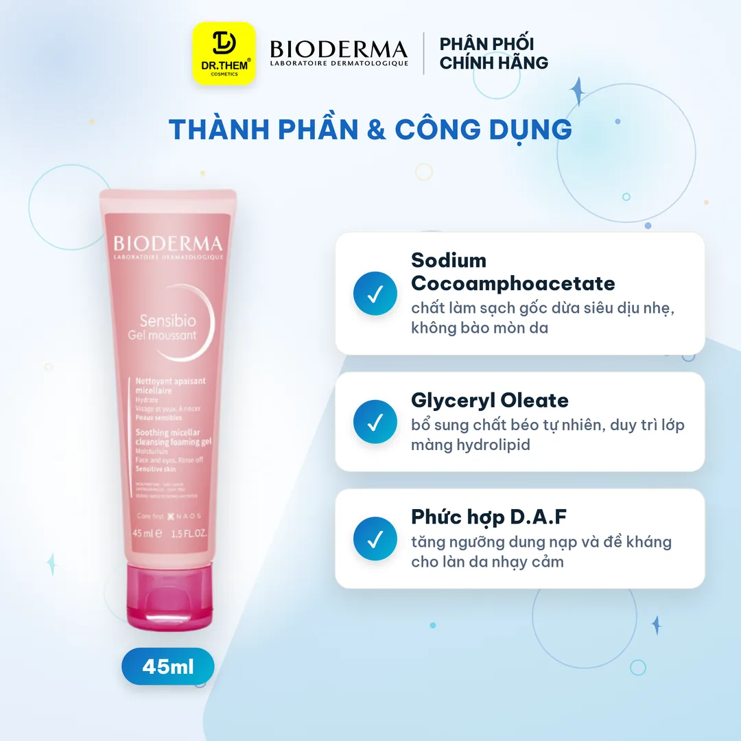 Sữa Rửa Mặt Tạo Bọt Bioderma Sensibio Gel Moussant Làm Sạch Dịu Nhẹ Cho Da Nhạy Cảm Và Da Thường 45ml 2