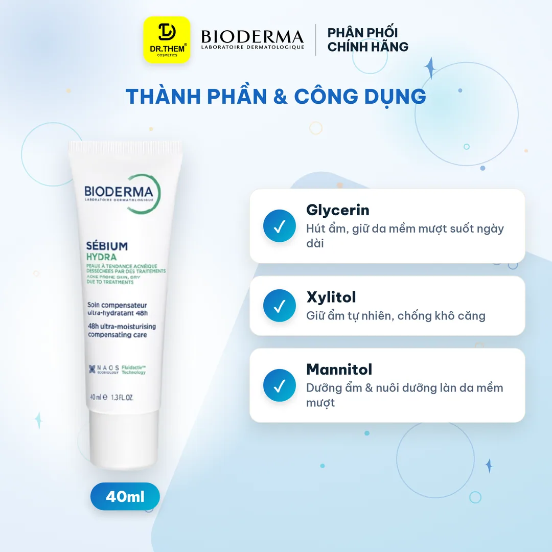Kem Dưỡng Ẩm Bioderma Sébium Hydra Cấp Ẩm 24 Giờ Làm Dịu Giảm Ửng Đỏ Cho Da Dầu Mụn Nhạy Cảm 40ml 3