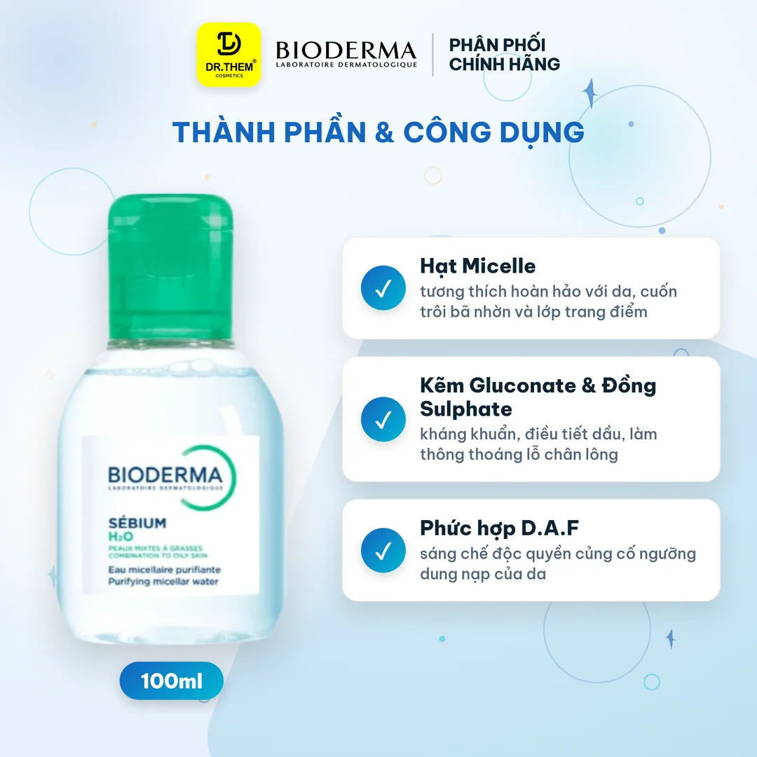 Nước Tẩy Trang Bioderma Sébium H2O Micellar Làm Sạch Sâu Kiềm Dầu Cho Da Dầu Mụn 100ml 2