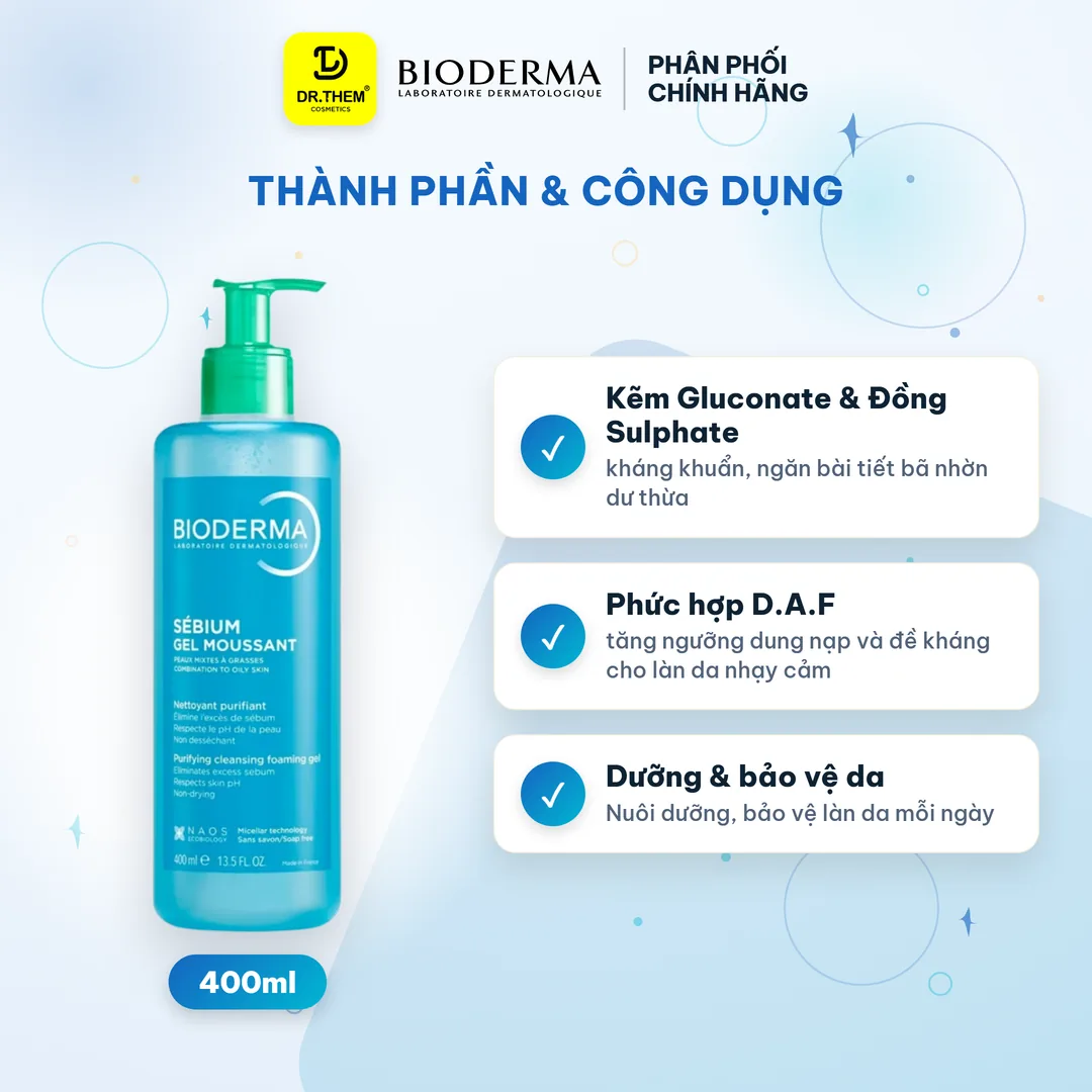 Gel Rửa Mặt Tạo Bọt Bioderma Sébium Gel Moussant Cho Da Dầu Mụn 400ml 2