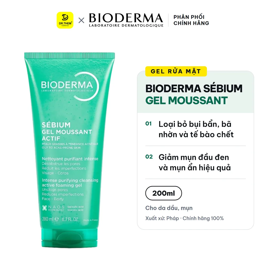 Gel Rửa Mặt Bioderma Sébium Gel Moussant Actif AHA BHA Giảm Mụn 200ml