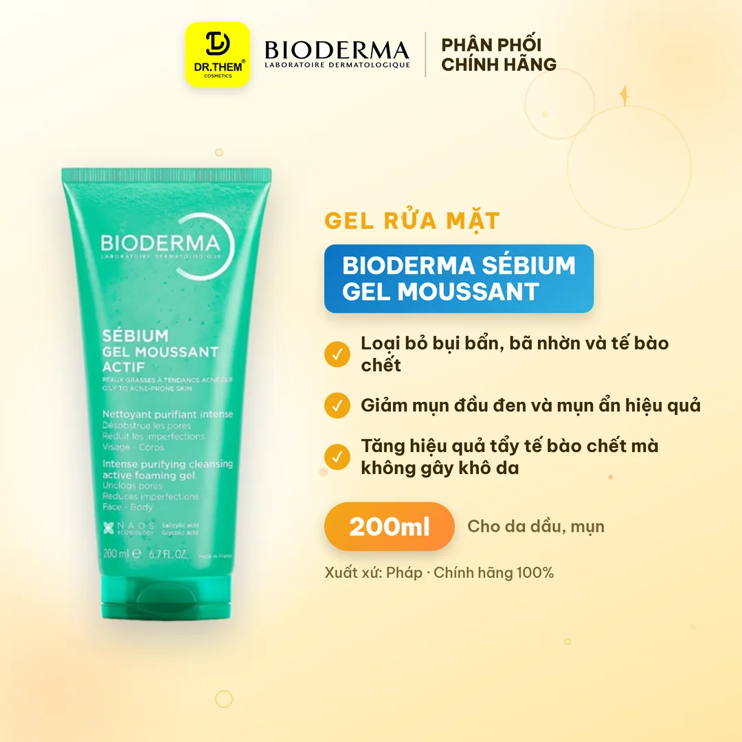 Gel Rửa Mặt Bioderma Sébium Gel Moussant Actif AHA BHA Giảm Mụn 200ml